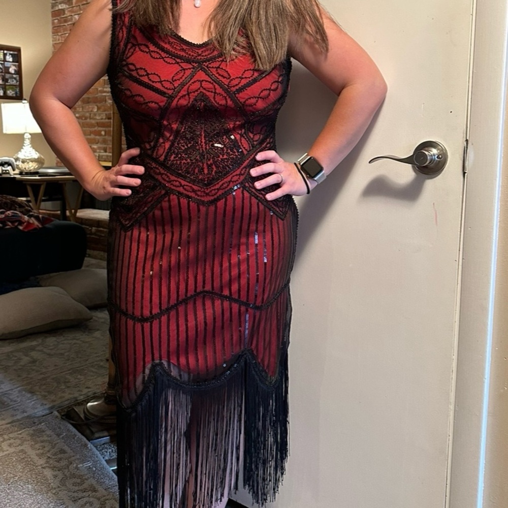 Women's Flapper Fringe Costume Dress Roaring 20's Gatsby Size Large Beading EUC